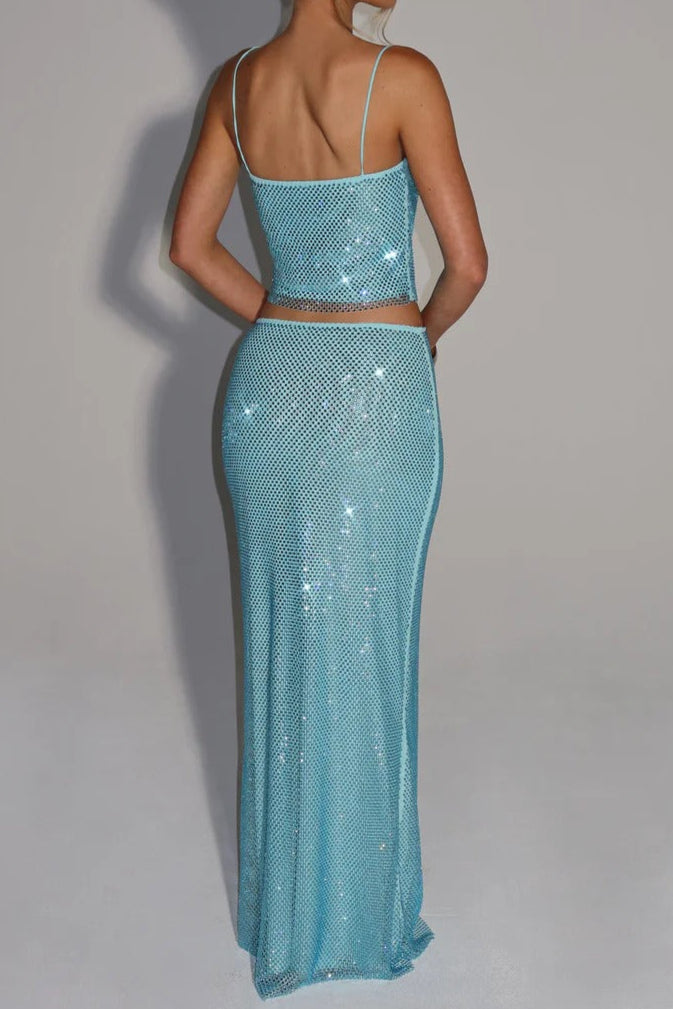 AIIZIE MELISSA SEQUIN TUBE TOP MAXI SKIRT SUIT IN BLUE - product image
