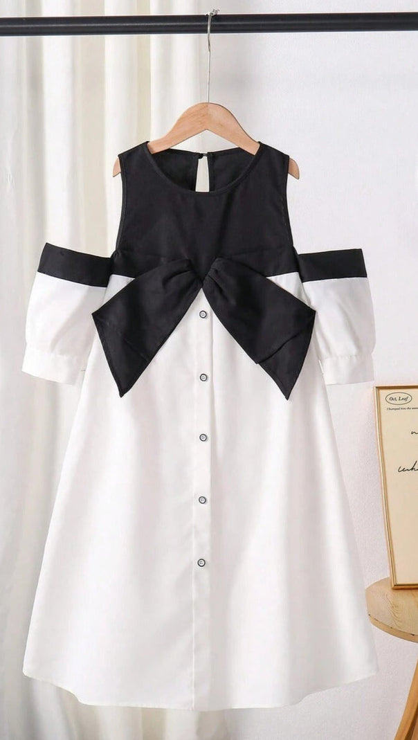 AIIZIE EVELYN OFF-SHOULDER CONTRAST BOW MINI DRESS - product image