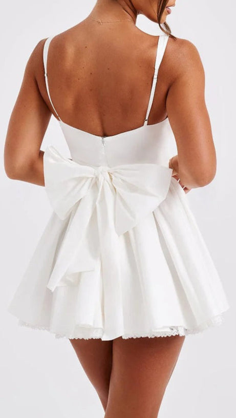 LACE RUFFLE TRIM CORSET MINI DRESS IN WHITE