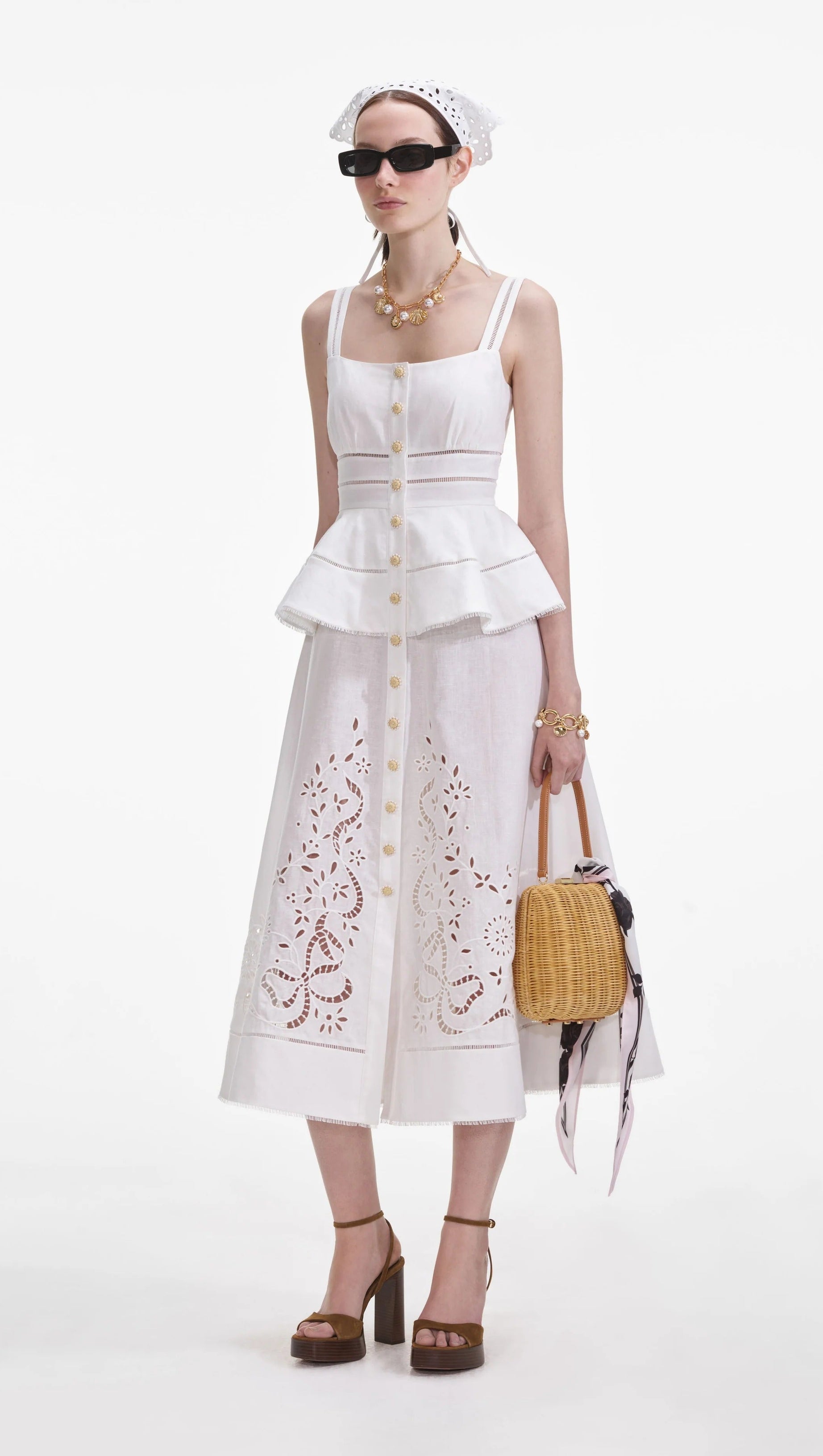 HELEN CREAM LINEN PEPLUM MIDI DRESS