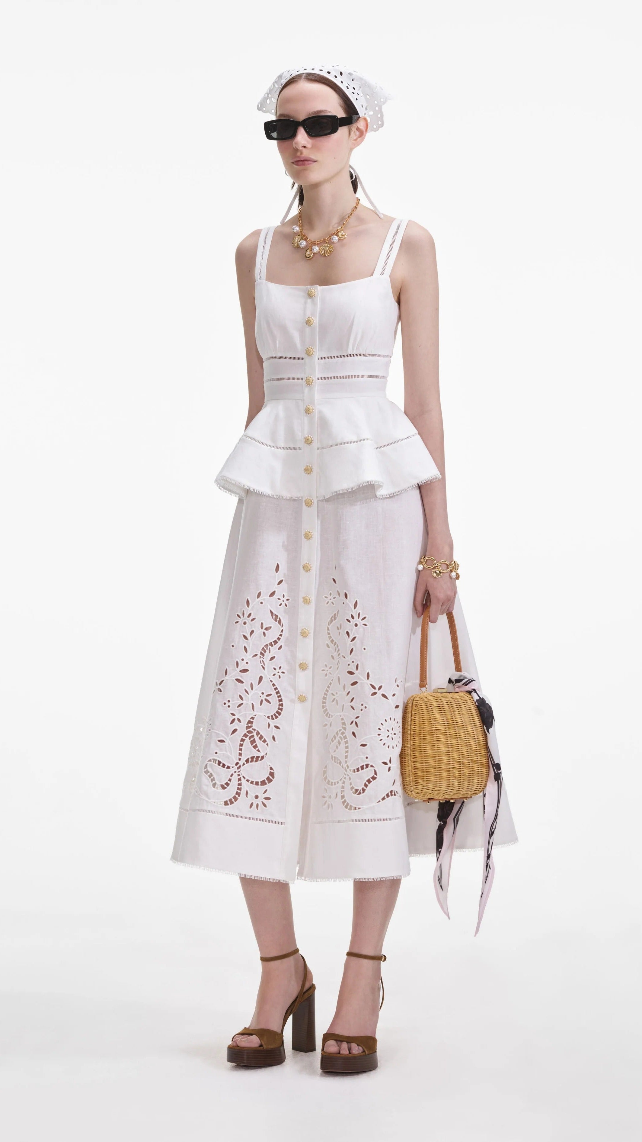 HELEN CREAM LINEN PEPLUM MIDI DRESS