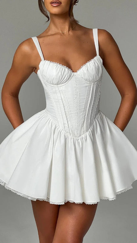 LACE RUFFLE TRIM CORSET MINI DRESS IN WHITE