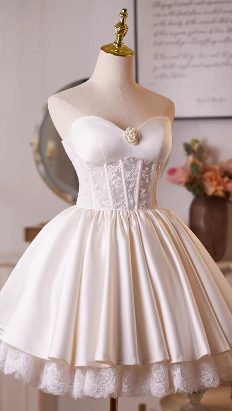 helen white flower Strapless lace satin mini dress