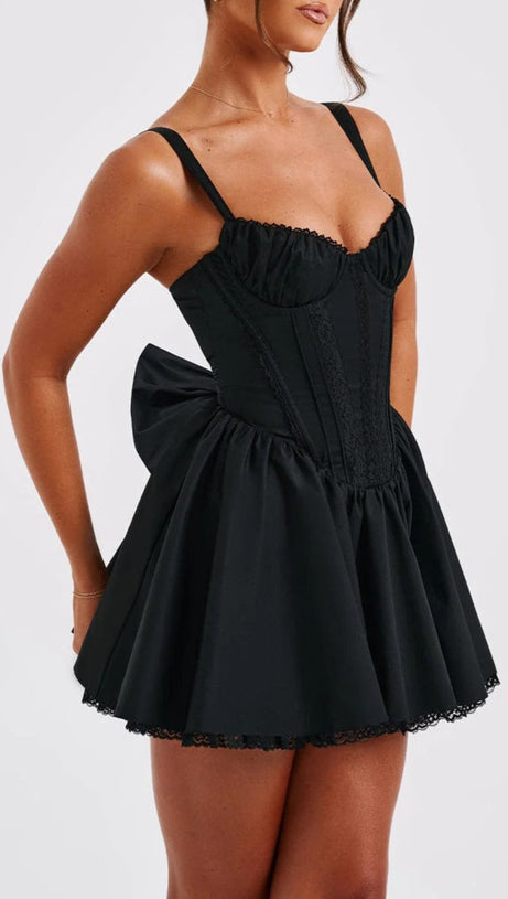 LACE RUFFLE TRIM CORSET MINI DRESS IN BLACK