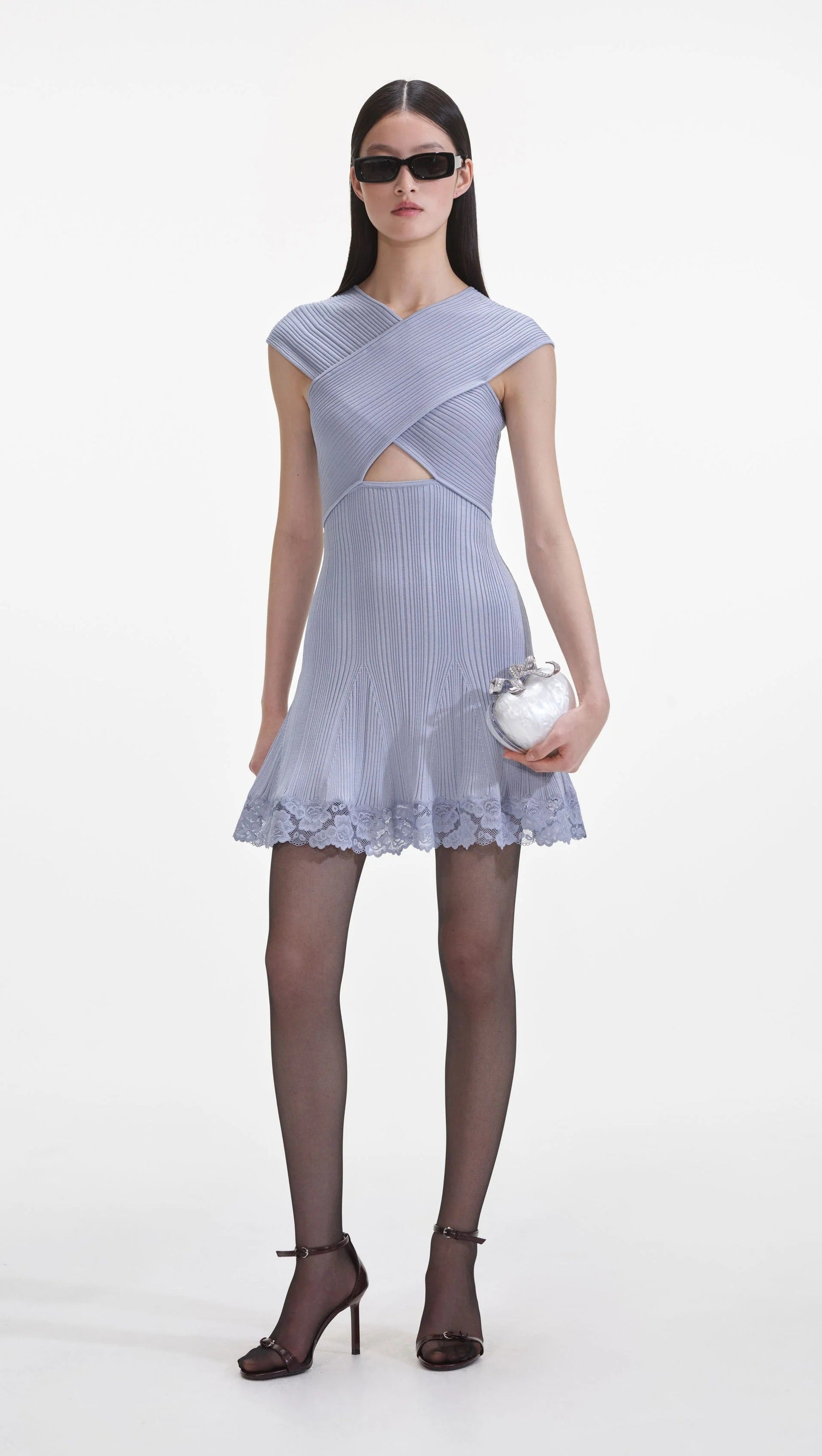 AIIZIE BLUE KNIT LACE CUTOUT MINI DRESS - product image
