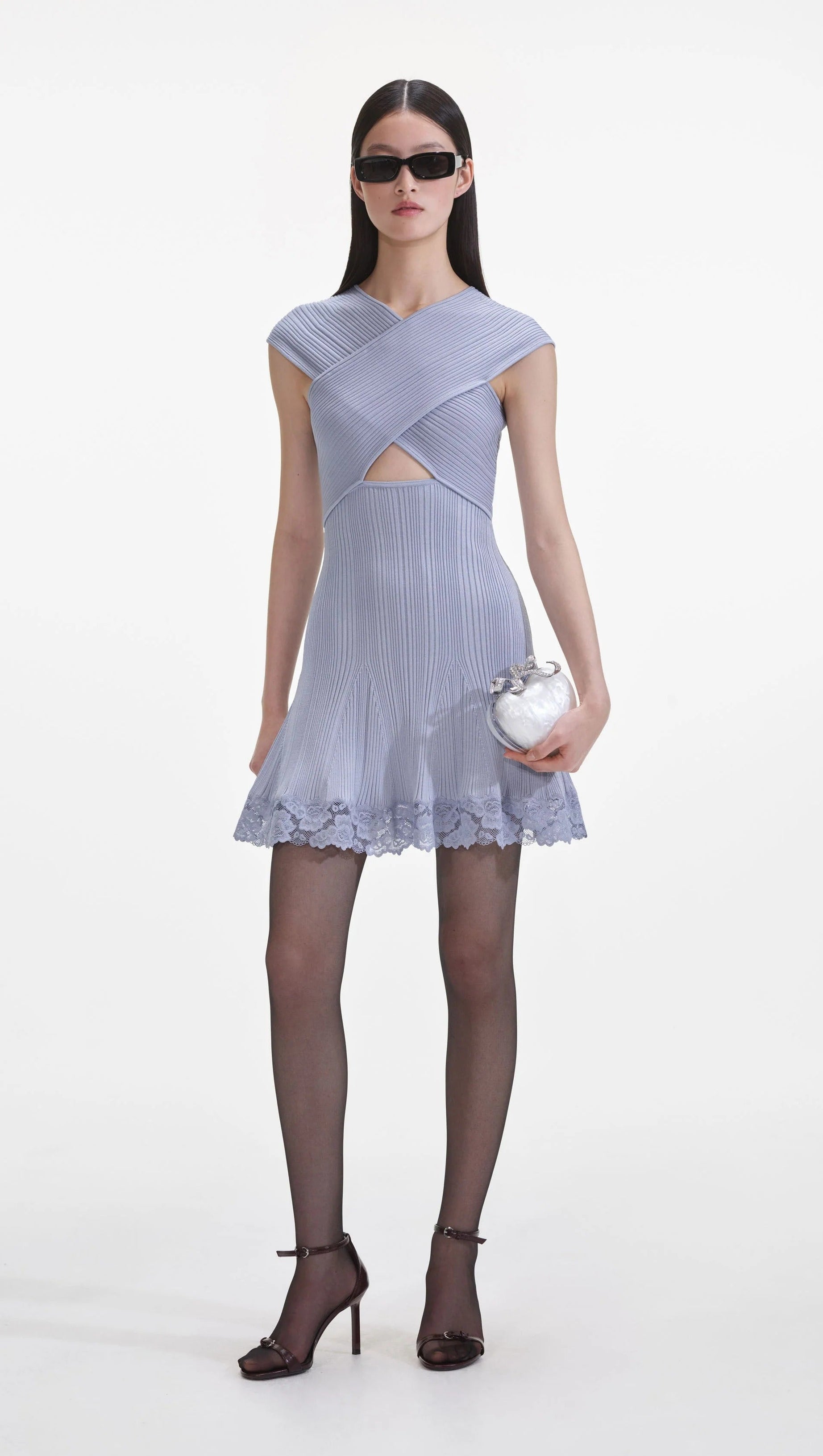 BLUE KNIT LACE CUTOUT MINI DRESS