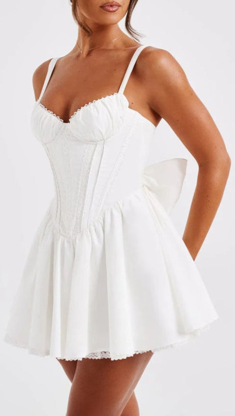 LACE RUFFLE TRIM CORSET MINI DRESS IN WHITE
