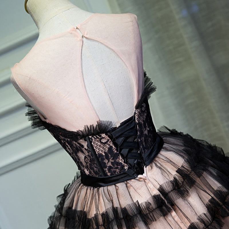 lorraine bow lace strapless puffy mini dress in black