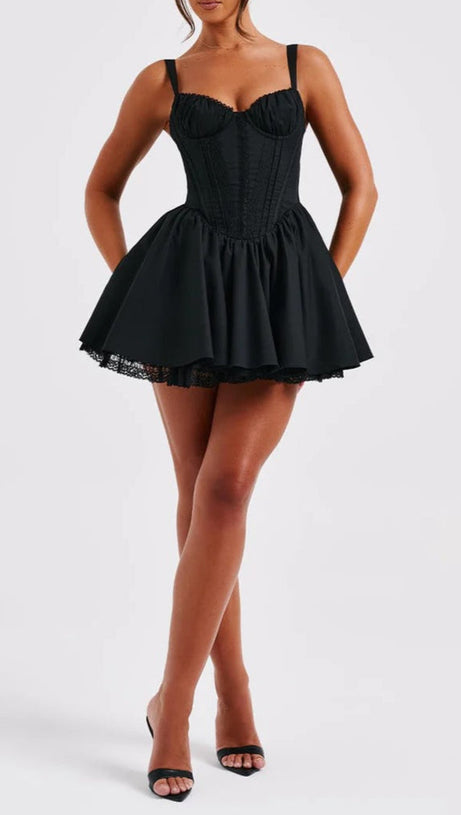 LACE RUFFLE TRIM CORSET MINI DRESS IN BLACK