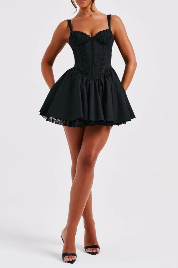 AIIZIE LACE RUFFLE TRIM CORSET MINI DRESS IN BLACK - product image