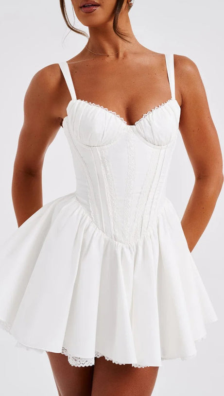 LACE RUFFLE TRIM CORSET MINI DRESS IN WHITE