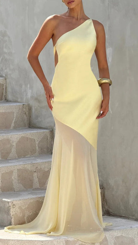 LACE-UP BEVELED BACK SATIN MAXI DRESS IN LEMON YELLOW