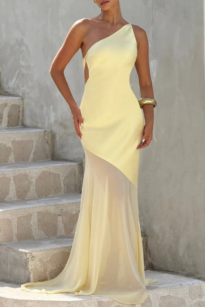 Maxikleid aus Satin mit Schnürung und abgeschrägter Rückseite in Zitronengelb