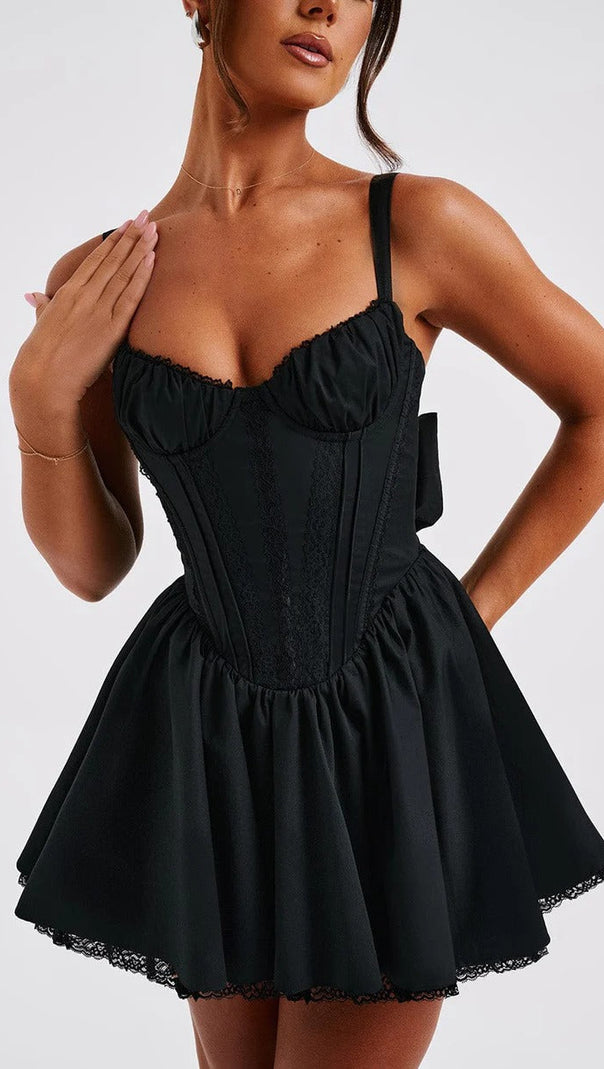 AIIZIE LACE RUFFLE TRIM CORSET MINI DRESS IN BLACK - product image