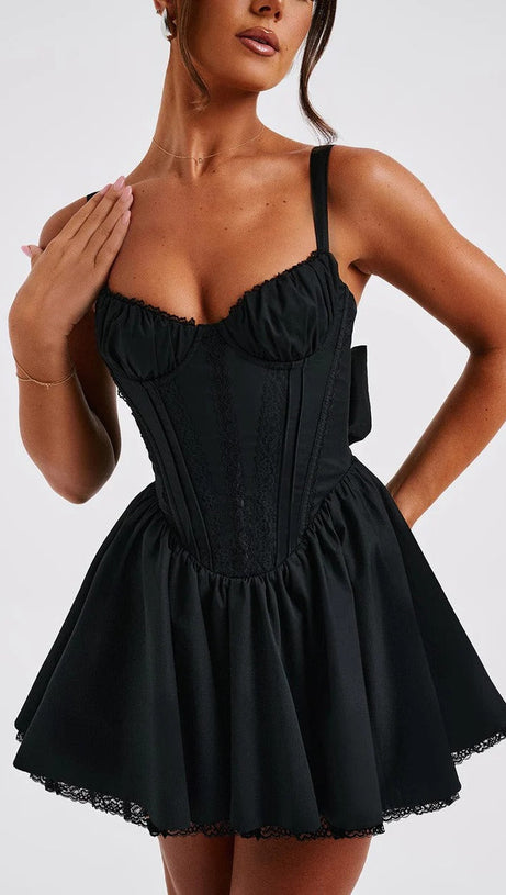 LACE RUFFLE TRIM CORSET MINI DRESS IN BLACK