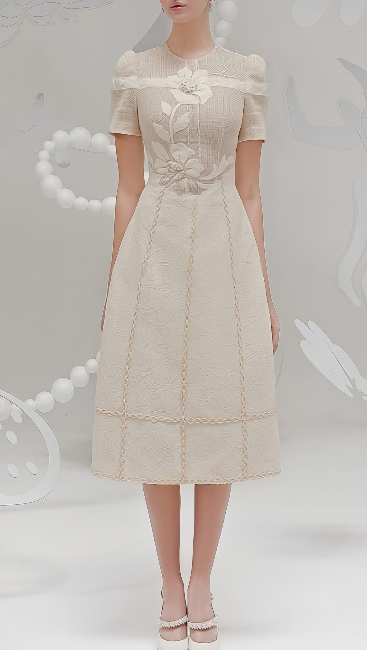 AIIZIE hermosa 3d floral embroidered hollow midi dress in apricot - product image