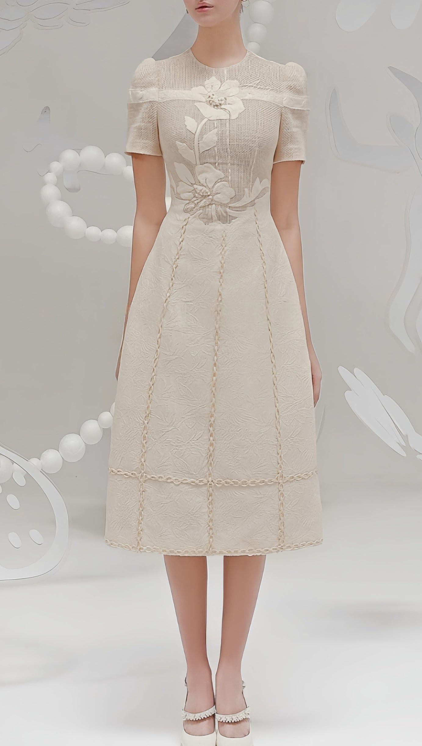 hermosa 3d floral embroidered hollow midi dress in apricot