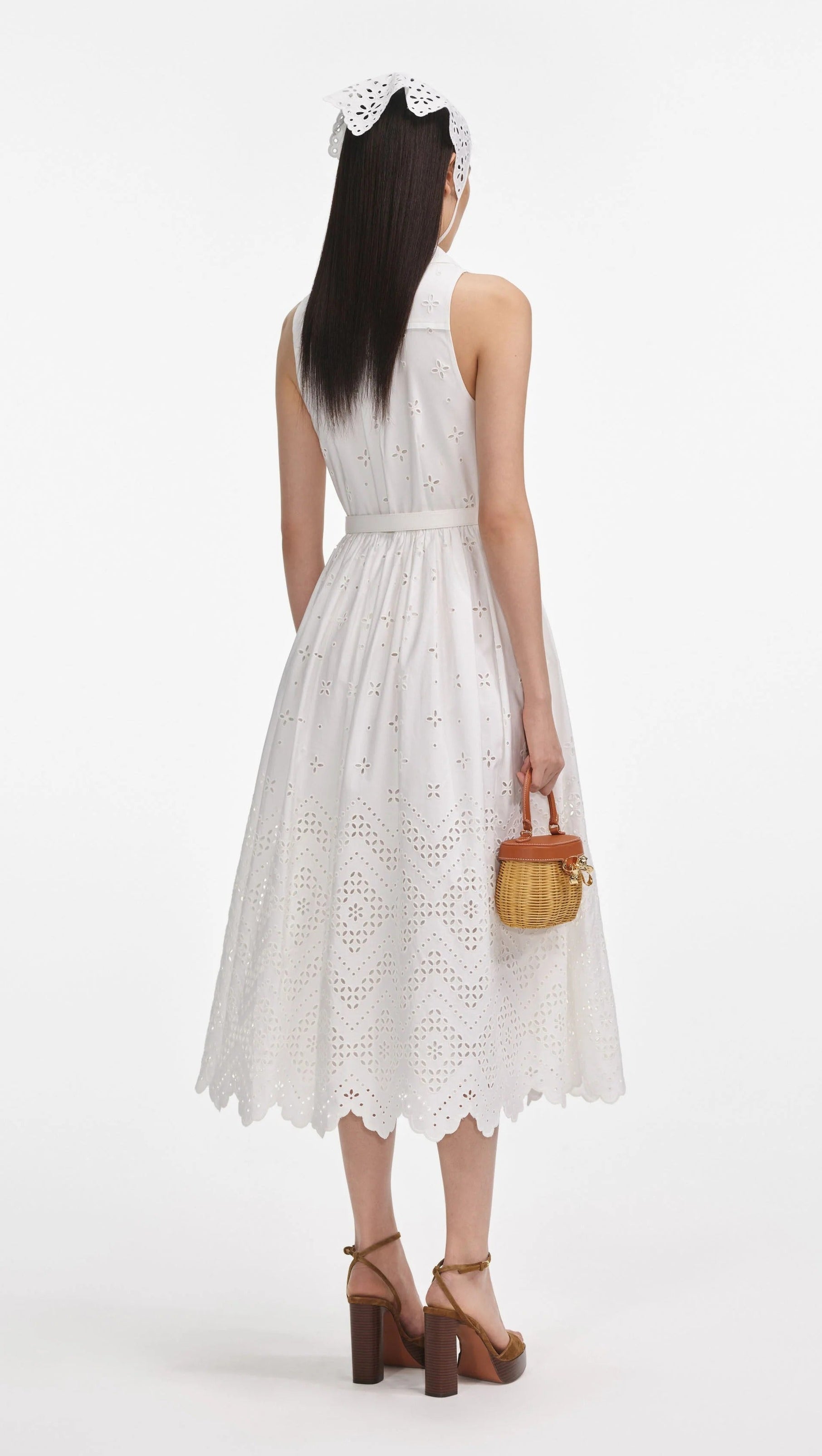 AIIZIE ELSIE WHITE COTTON BRODERIE COLLARED MIDI DRESS - product image