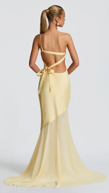 LACE-UP BEVELED BACK SATIN MAXI DRESS IN LEMON YELLOW