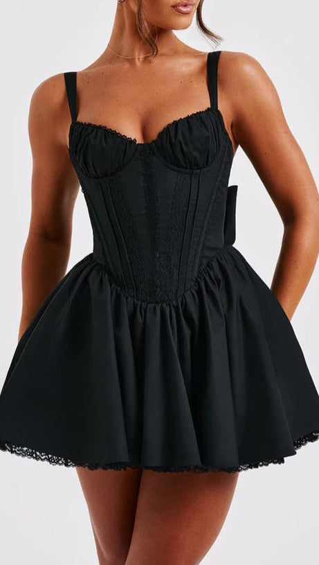 LACE RUFFLE TRIM CORSET MINI DRESS IN BLACK