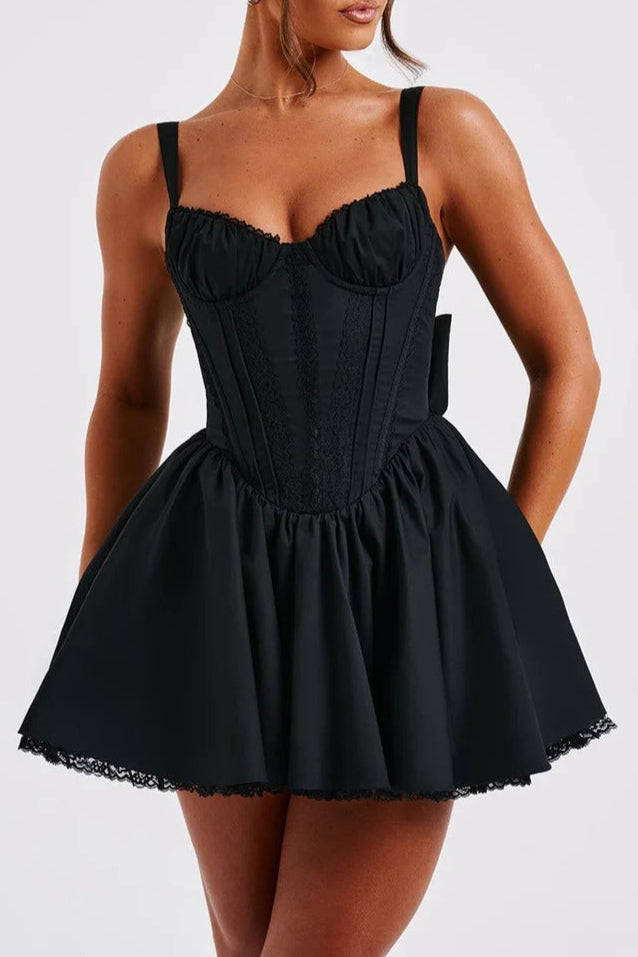 AIIZIE LACE RUFFLE TRIM CORSET MINI DRESS IN BLACK - product image