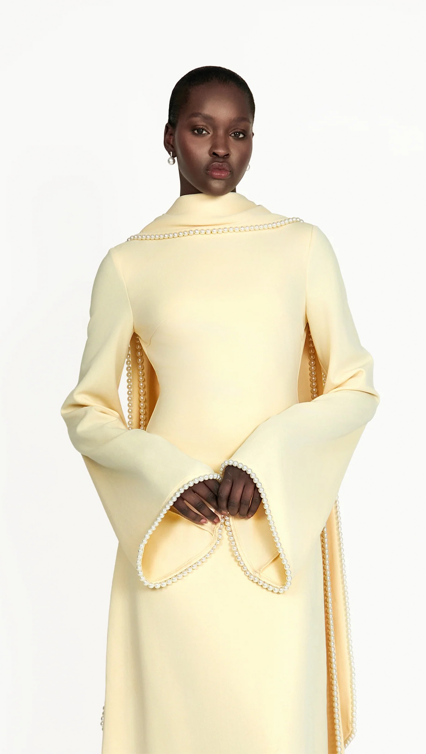 murray Yellow Pearl Trim Shawl Detail Maxi Dress