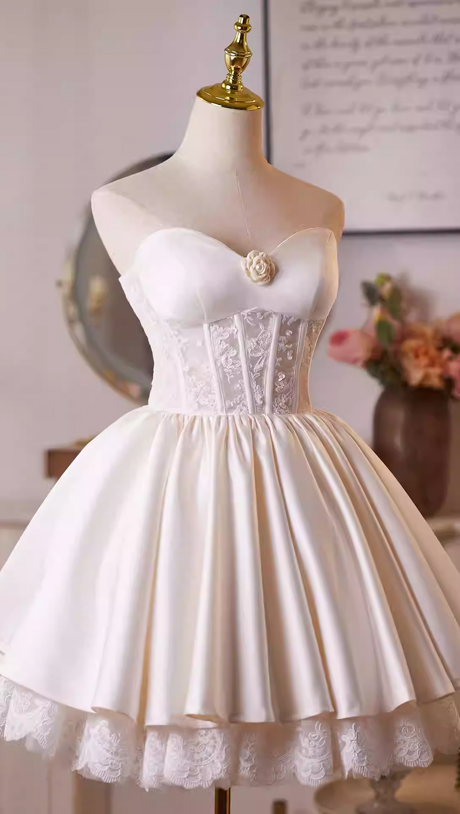 helen white flower Strapless lace satin mini dress