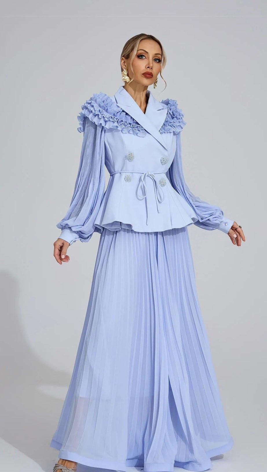 josephine Light Blue Flounce skirt  blazer Two-Piece Set