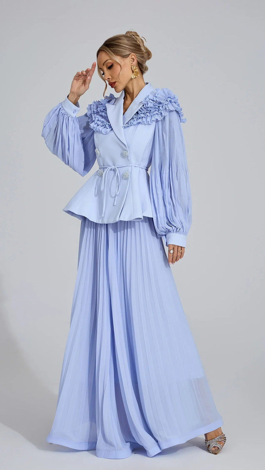 josephine Light Blue Flounce skirt  blazer Two-Piece Set