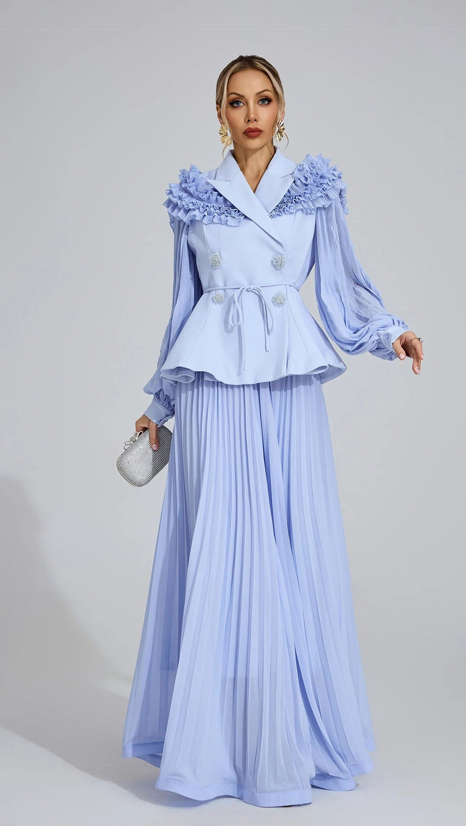 josephine Light Blue Flounce skirt  blazer Two-Piece Set