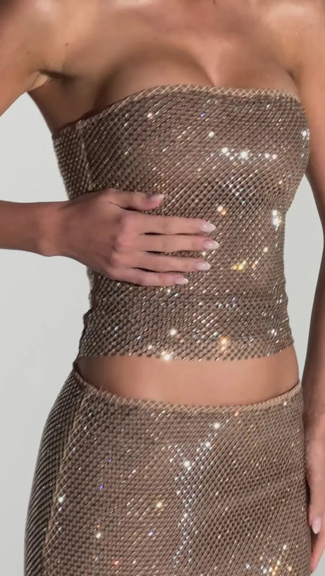 MIRABELLE SEQUIN TUBE TOP MAXI SKIRT SUIT IN GOLD