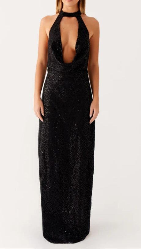 SEQUIN CUTOUT HALTER BACKLESS MAXI DRESS IN BLACK