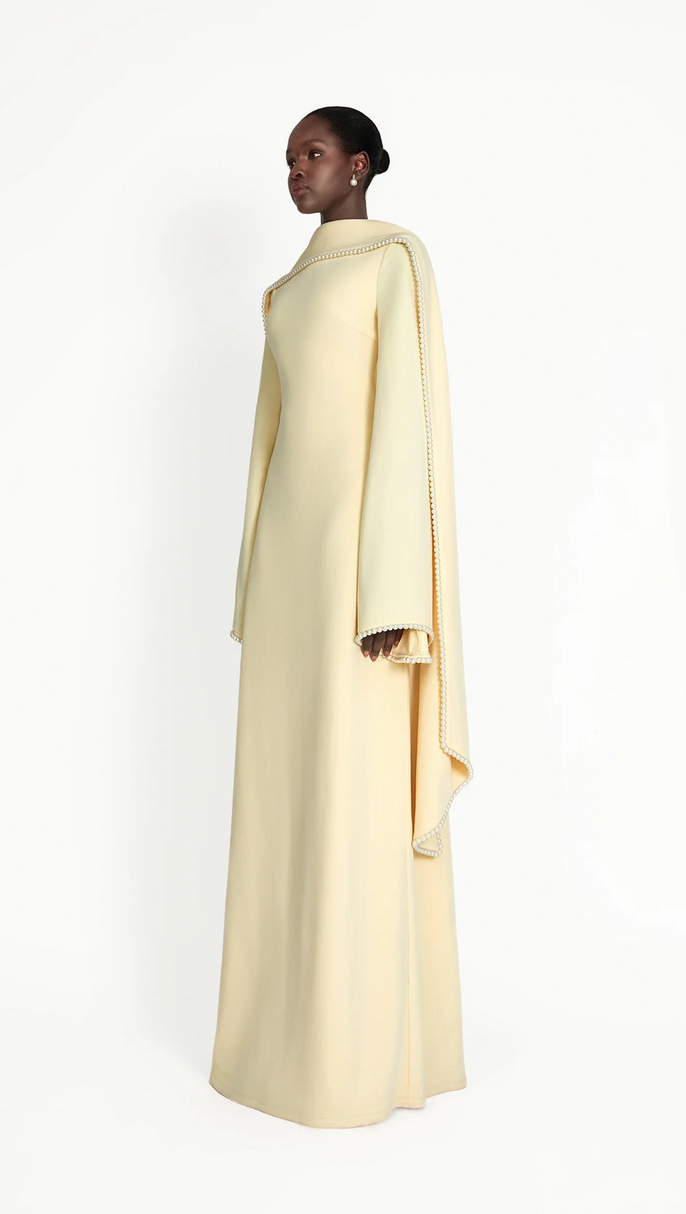 murray Yellow Pearl Trim Shawl Detail Maxi Dress