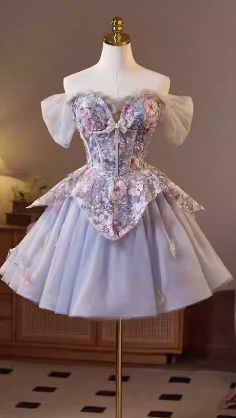 kelly floral print embroidery tulle puffy mini dress