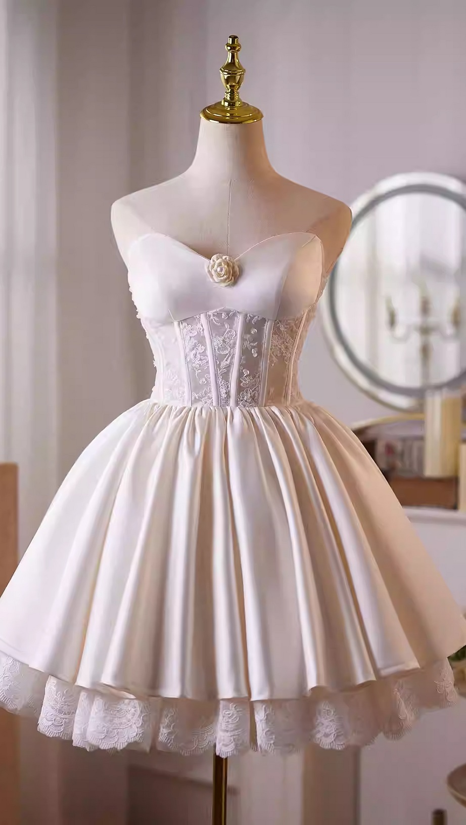 helen white flower Strapless lace satin mini dress