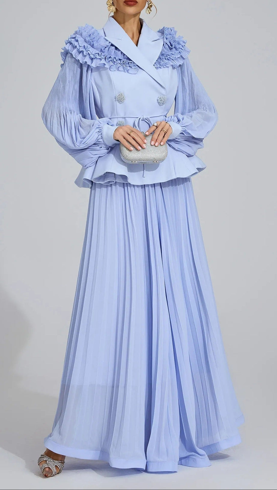 josephine Light Blue Flounce skirt  blazer Two-Piece Set