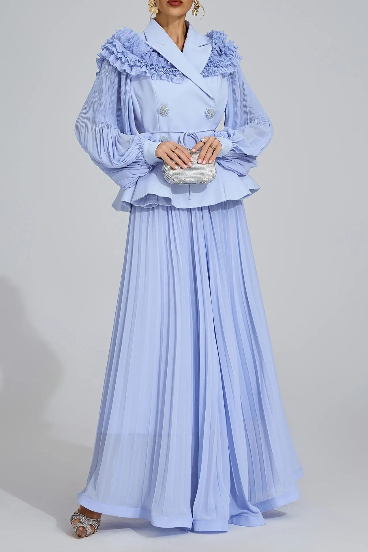josephine Light Blue Flounce skirt  blazer Two-Piece Set