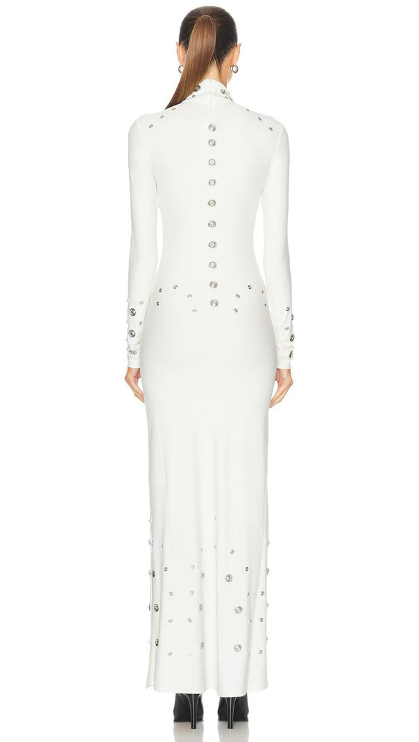 AIIZIE ISHANA WHITE EMBELLISHED MOCK NECK MAXI GOWN - LONG SLEEVE FORMAL DRESS - product image