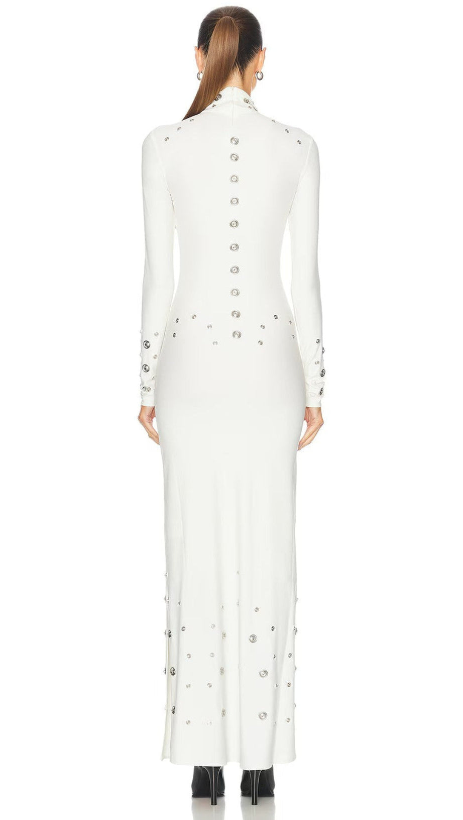 ISHANA WHITE EMBELLISHED MOCK NECK MAXI GOWN - LONG SLEEVE FORMAL DRESS