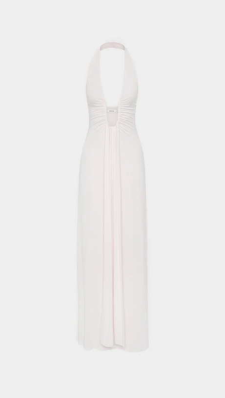 ISLA WHITE SATIN HALTER MAXI DRESS - ELEGANT EVENING & WEDDING GOWN