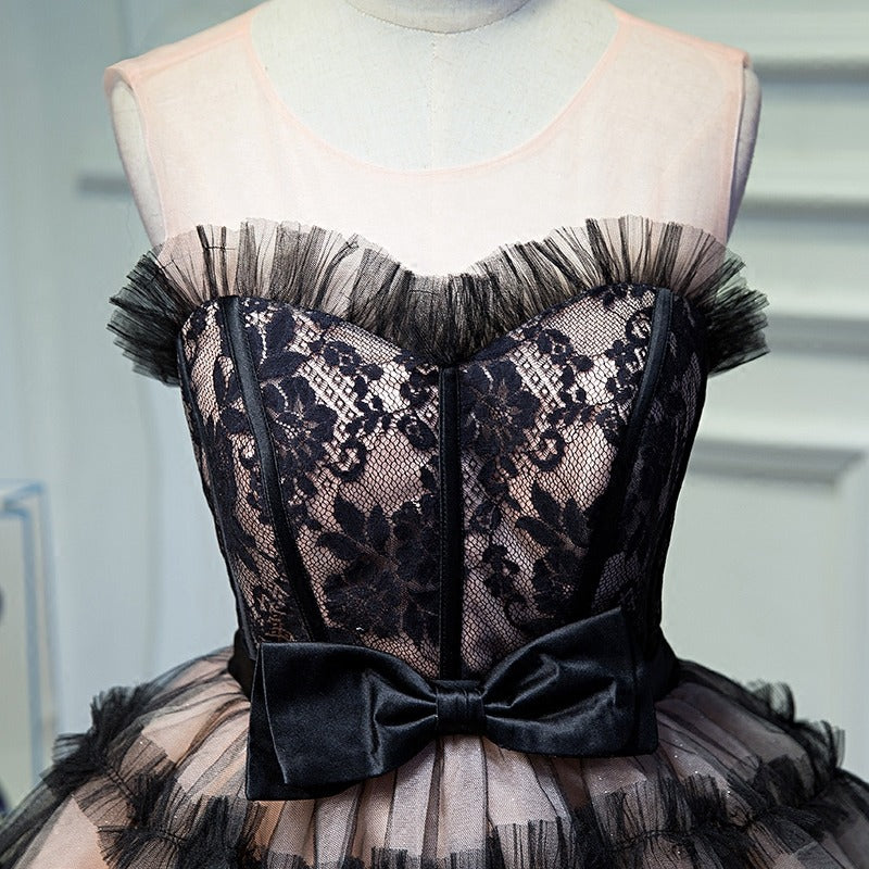 lorraine bow lace strapless puffy mini dress in black