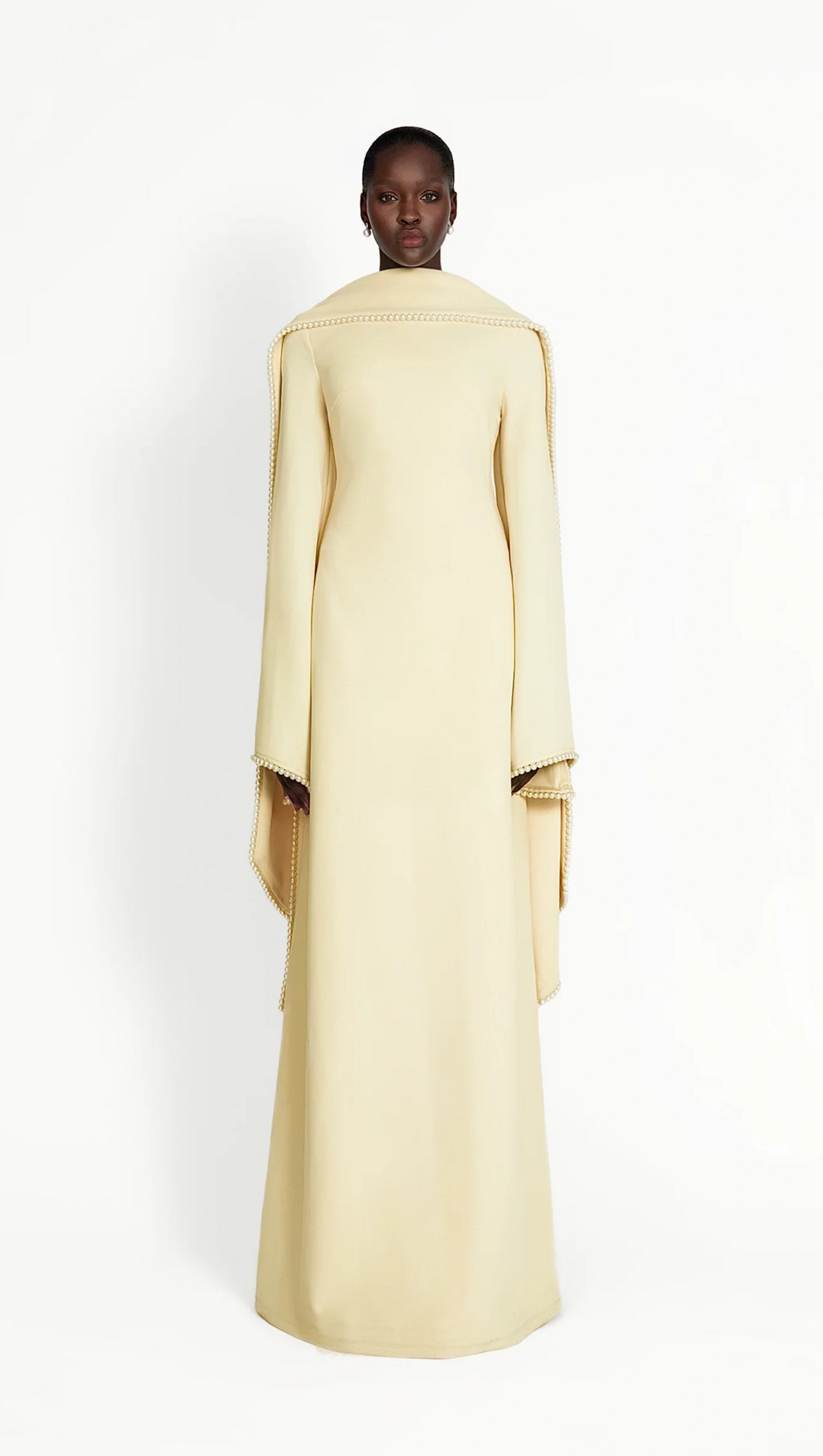 murray Yellow Pearl Trim Shawl Detail Maxi Dress