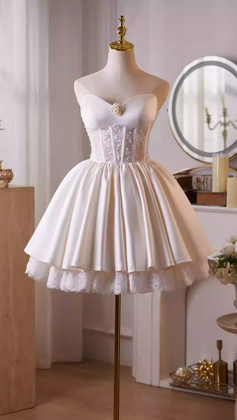 helen white flower Strapless lace satin mini dress