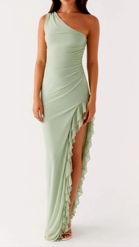 ONE-SHOULDER SLIT RUFFLE TRIM MAXI DRESS IN SAGE GREEN