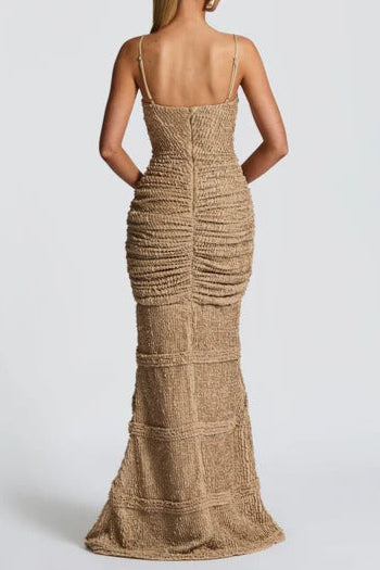 SLIT PLEATED BODYCON MAXI DRESS IN IVORY