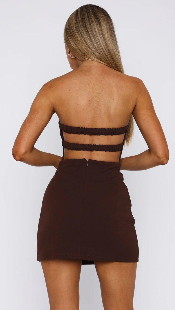 AIIZIE BACKLESS STRAPLESS SLIM MINI DRESS IN BROWN - product image