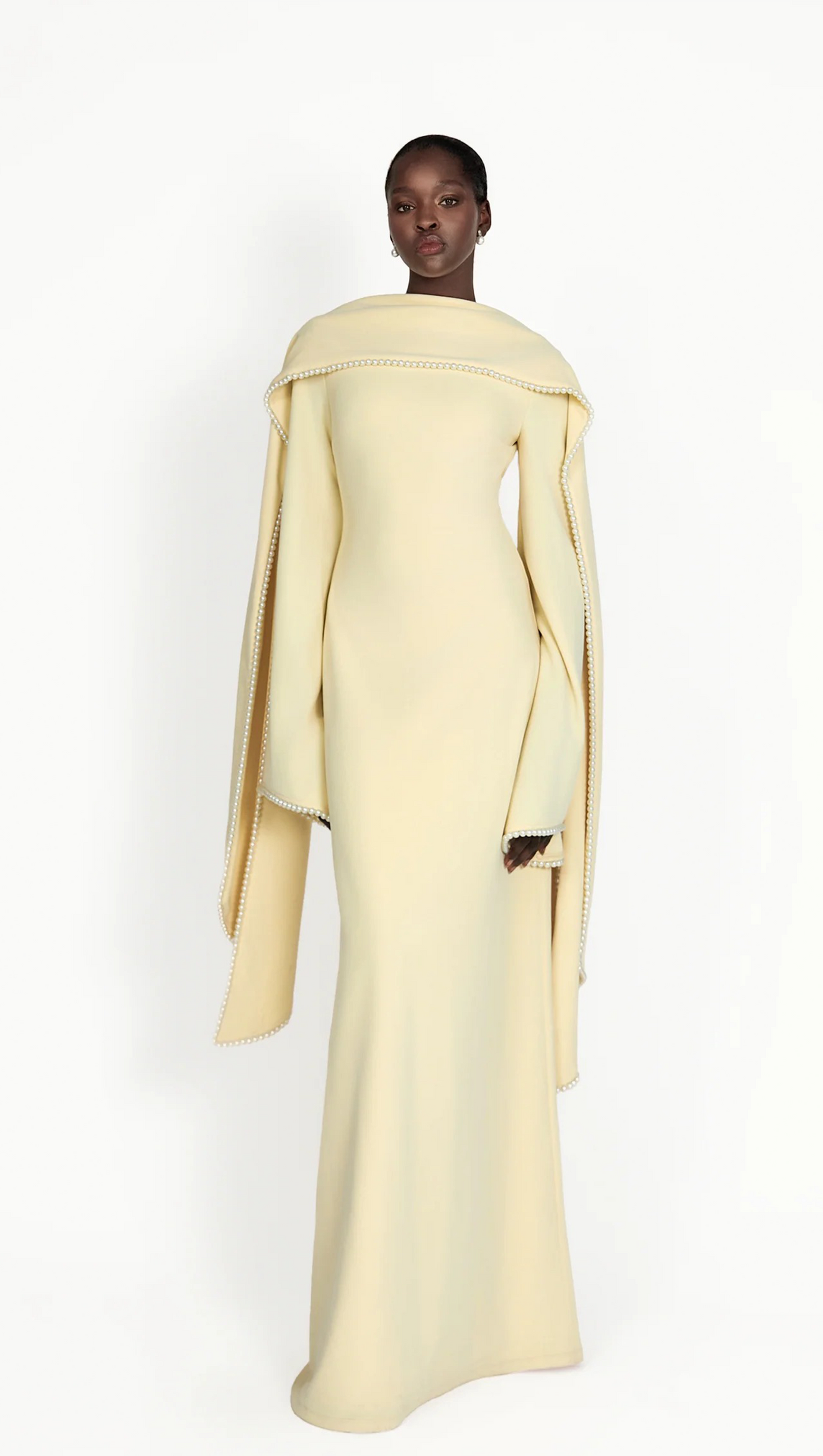 murray Yellow Pearl Trim Shawl Detail Maxi Dress