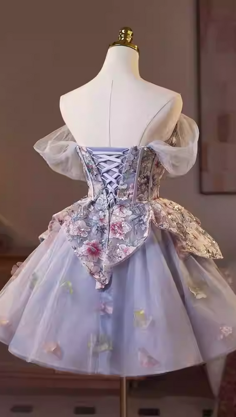 kelly floral print embroidery tulle puffy mini dress