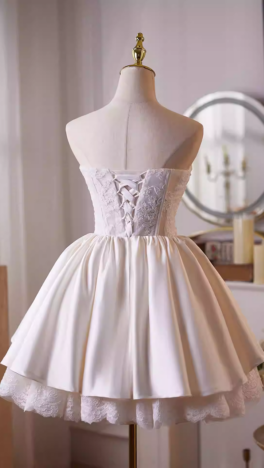 helen white flower Strapless lace satin mini dress