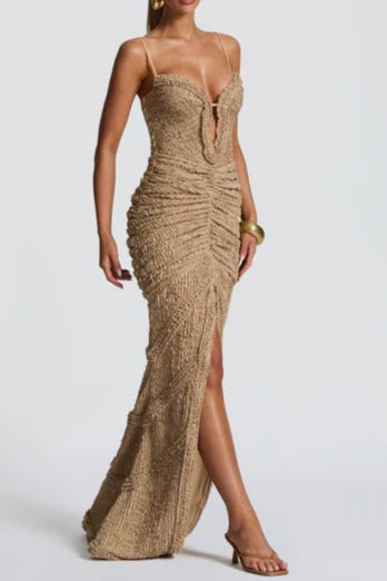 SLIT PLEATED BODYCON MAXI DRESS IN IVORY